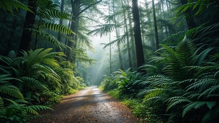 Forest Path Winding Through Lush Ferns