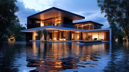 Obraz premium Reflections of Modern Luxury: Waterfront Estate Illuminated at Twilight Hour