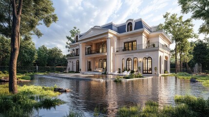 Obraz premium Opulent mansion by reflective pool blends nature and architectural grandeur