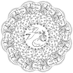 Doodle mandala with a stork bringing a baby, meditative coloring page for a baby shower party or holiday activity