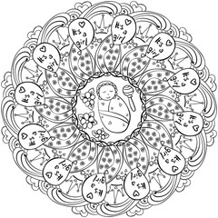Fantasy mandala with a newborn girl and balloons, meditative coloring page for baby shower party or holiday activity