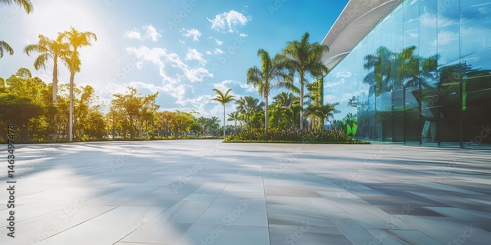 Poster 輝く太陽の下のヤシの木と近代的なガラスの建物の景観。明るい晴れた日、素晴らしい建築デザイン、鮮やかな色のコントラスト