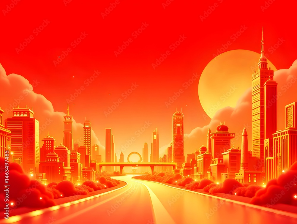 Aufkleber 赤い空と太陽に照らされた都市景観 高層ビルが立ち並び道路が続く夕焼け時の都会の風景