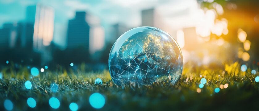 Globe on grass in city park, network concept, future technology, global connection, low angle, environmental sustainability
