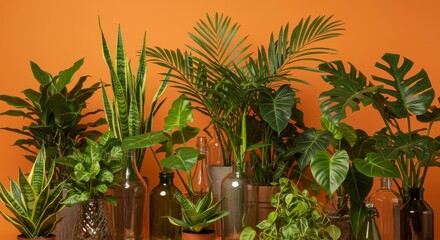 Obraz premium Lush Greenery in Glass Bottles - A collection of various houseplants in glass containers against a vibrant orange background. Perfect for home decor, gardening, and plant lover themes
