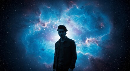 Fototapeta premium Man in Cosmic Nebula - Silhouette of a man standing before a vibrant blue nebula, creating a dramatic and mysterious