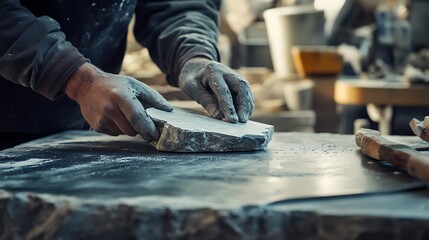 Craftsman Shaping Stone in Workshop