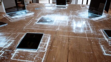 Projected digital network over a wooden table.