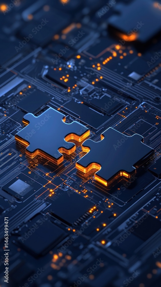 Poster interlocking puzzle pieces on circuit board technology solution concept