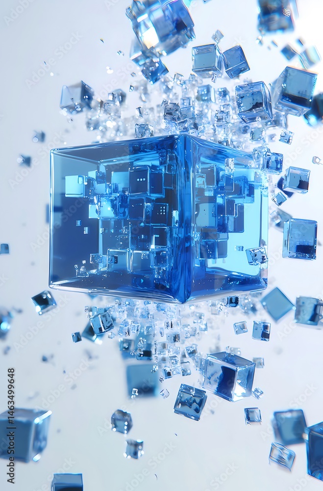 Aufkleber クリアブルーキューブが散らばるダイナミックな3dレンダリング 静かな背景と未来的な構成 ミニマルな幾何学的デザインと洗練された視覚効果