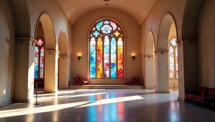 Obraz premium Modern sanctuary interior, stained glass window, religious building, serenity, altar