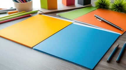 Fototapeta premium Colorful stationery paper and pens on desk