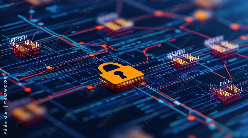 Poster digital padlock on circuit board cybersecurity and data protection