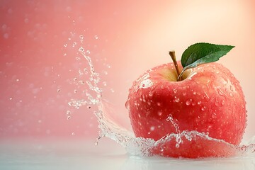 A fresh apple with a dramatic water splash effect isolated on a soft gradient background