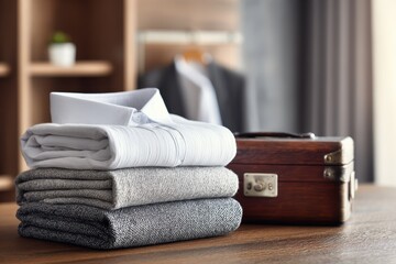 Folded Clothes Stacked on Wooden Table with Suitcase in Background Still Life Indoor Composition
