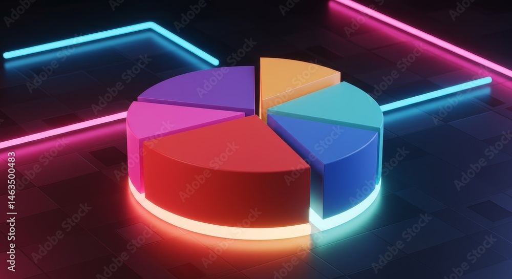 Poster neon pie chart data visualization - vibrant 3d pie chart with neon lighting, ideal for data visualiz