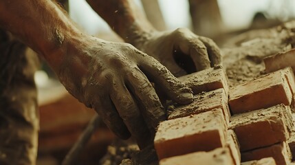 Hands of a Worker Laying Bricks
