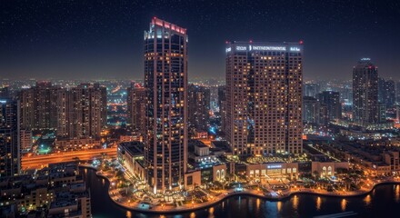 Fototapeta premium Night View of Modern City Skyline - Stunning nighttime cityscape showcasing illuminated skyscrapers and waterfront buildings. Perfect for travel, real estate, and urban projects