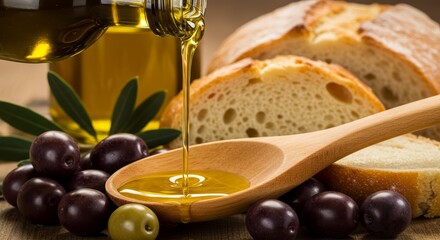Olive Oil Pouring into Wooden Spoon with Bread and Olives - Fresh olive oil pours into a wooden spoon beside crusty bread and ripe olives, highlighting the flavors of Mediterranean cuisine
