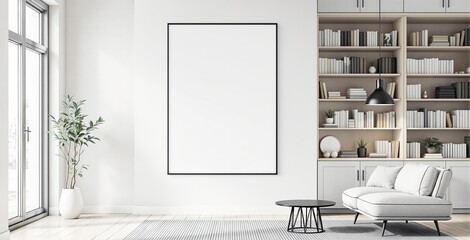 Contemporary living room with elegant white furniture, tall bookshelf full of books, blank vertical frame on wall, creative interior design concept. Ai generative