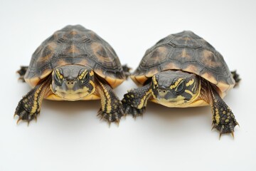 Obraz premium Two Eastern Box Turtles Facing Forward on White Background Close Up Studio Shot Wildlife Reptiles