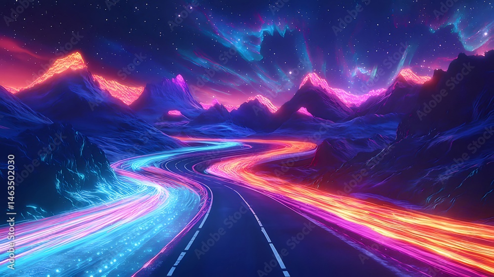 Aufkleber ネオンライトが輝く山々と道路の抽象的な風景 夜空に星が輝く幻想的な背景