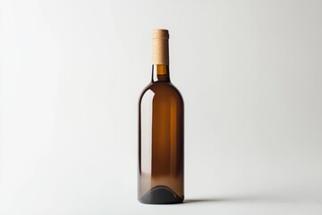 Obraz premium A classic blank wine bottle mockup with a cork, minimalistic aesthetic, smooth reflections, high-end product shot on a white background. eer bottle mockup, amber glass, condensation effect, ultra-deta