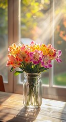Vibrant bouquet of alstroemeria flowers in a glass vase illuminated by warm sunlight in front of a window.