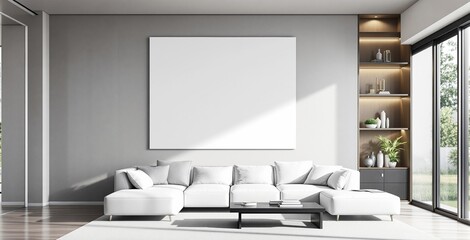 Minimalist living room with white sofa, blank canvas on gray wall, natural light from glass doors, creative interior concept in modern home. Ai generative