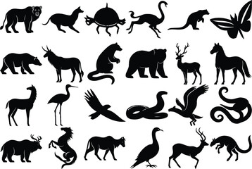 Obraz premium Wild Animal Silhouettes Vector. Diverse Wildlife Icons in Black and White