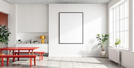 Fototapeta premium Bright creative interior with red table, indoor plants, books, and blank wall frame in sunny minimalist space, modern home concept. Ai generative