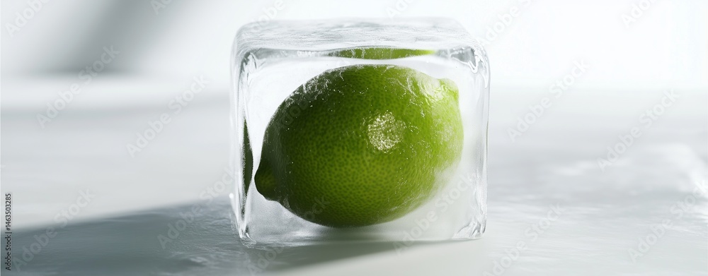 Poster lime in ice cube: capturing a fresh lime encased in a pristine ice cube, showcasing the vibrant colo