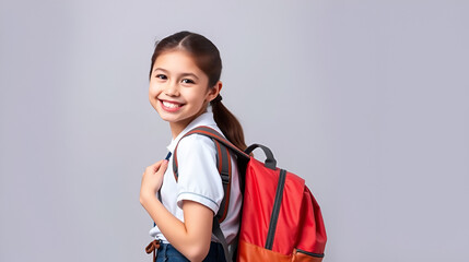 cheerful teenage girl 11,12,13 years old in a school uniform wears a backpack on a gray background. school fashion