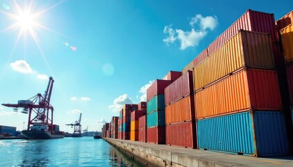 Fototapeta premium Stack of colorful shipping containers at a port, under a bright sunny sky , goods, sunny, global