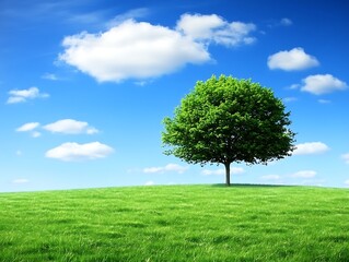 A solitary tree stands in a field beneath a blue sky