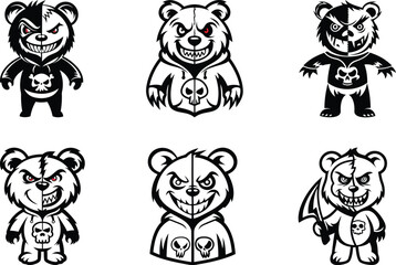 Cartoon and Funny style fierce bear character with a split face vector illustration, fierce bear character with a split face silhouette and line art vector design set