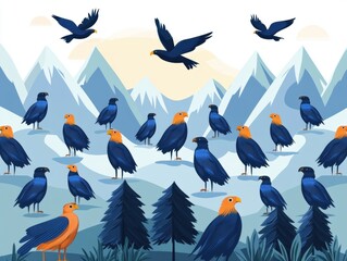 Obraz premium Birds in Snowy Mountains