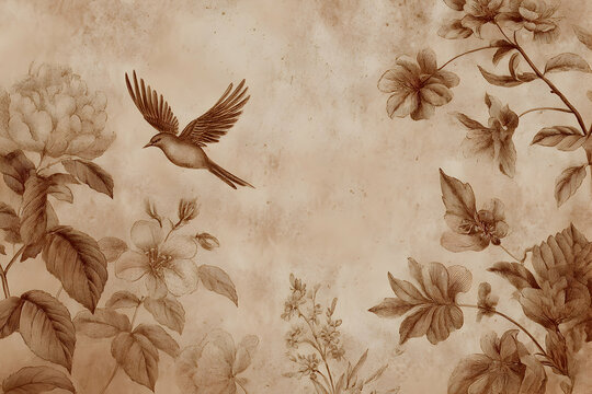Vintage floral design with a flying bird in sepia tones. - Powered by Adobe