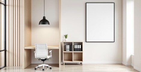 Home office with wooden desk, chair, shelf, and large wall frame in minimalist style on bright background, concept of modern creative interior. Ai generative