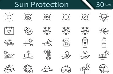 Essential UV Protection and Sun Safety Icons for Skincare and Outdoor Awareness.