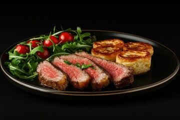 Gourmet sliced steak dish with potatoes arugula and tomatoes on black plate studio shot