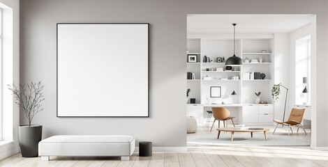 Minimalist home interior with blank canvas on wall, Scandinavian style furniture, light wooden floor, white background, concept of creative workspace. Ai generative