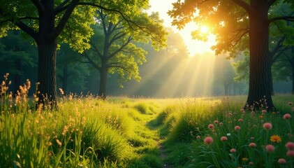 Sun-dappled forest clearing with tall grasses swaying gently in the breeze , habitat, sunlight, leaves