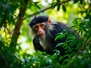 Fototapeta premium Curious Macaque Contemplating in Lush Canopy
