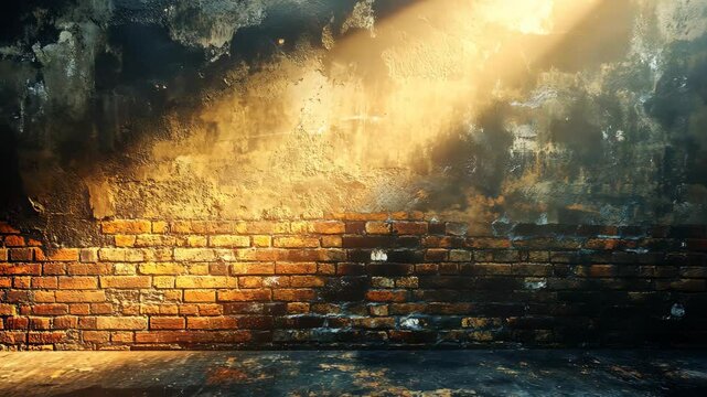 Grungy brick wall backdrop, illuminated by a single light source, showing texture and decay