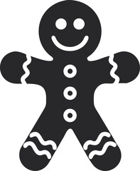 Gingerbread Man Icon Silhouette, Smiling Cookie Figure with Buttons and Frosting Design Isolated on White Background
