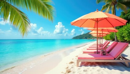 Fototapeta premium Sunny beach scene with turquoise water, vibrant umbrellas, and lounge chairs , water, beautiful, getaway