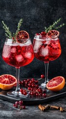 Two red cocktails with ice cubes and blood orange garnish studio shot on dark background for food and beverage photography