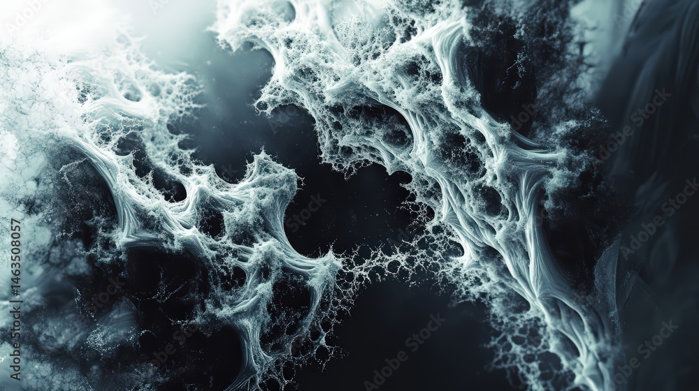 Poster abstract representation of a complex, network-like structure in grayscale tones