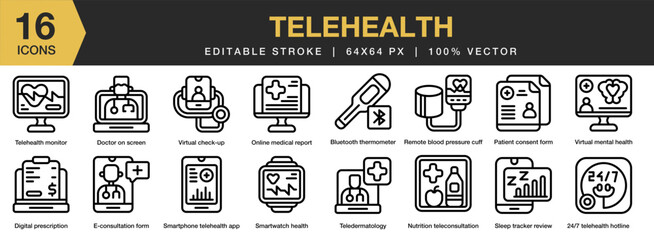 Telehealth icon set. Editable Stroke Icon Collection. Includes telehealth, medical, healthcare, technology, doctor, and More. Outline icons vector collection.